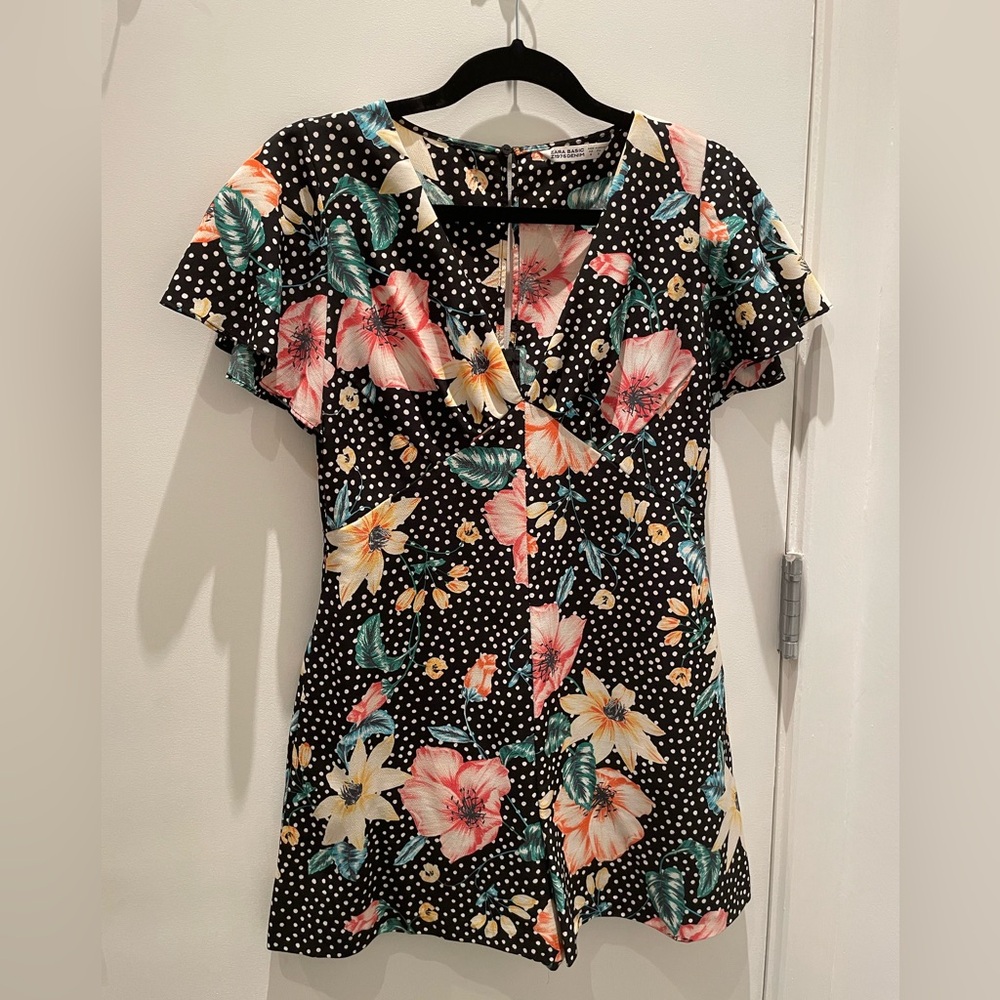 Zara - Polka Dot Floral Romper - Size S - Black/White/Multi